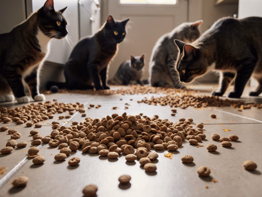 feeding_chaos_in_multi-cat_household_with_kibble_scattered_across_floor